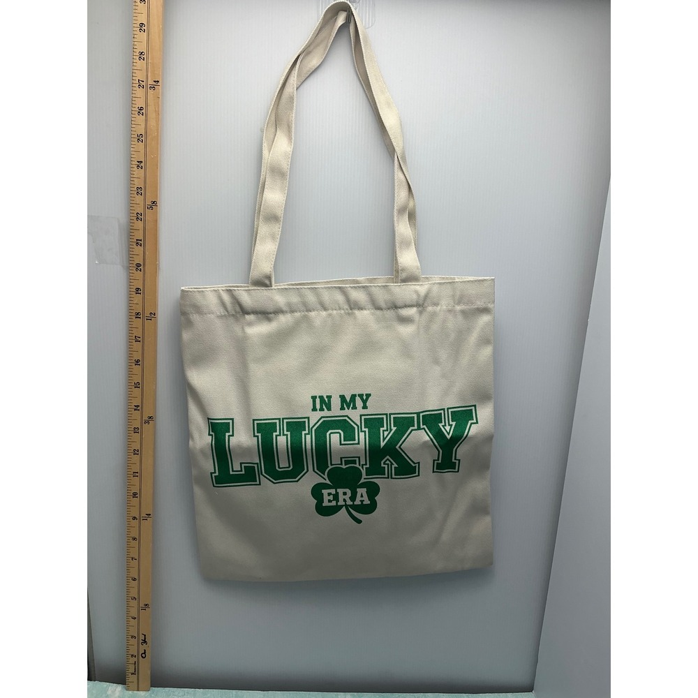 In My Lucky Era Shamrock Canvas Tote Bag Cream Green St‎ Patricks Day Shopper